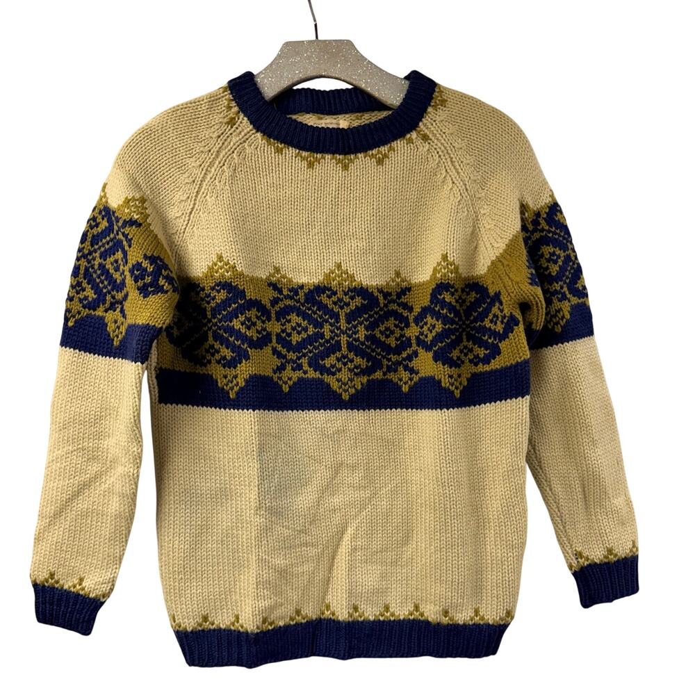 Vintage Tanni 100% Wool Sweater Cream Green Blue Pullover Nordic Knit Beautiful